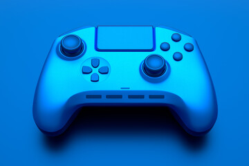 Realistic video game joystick with blue chrome texture isolated on blue