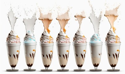  a row of glasses filled with ice cream and chocolate sauce.  generative ai
