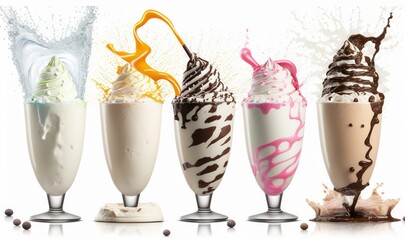  a group of four milkshakes sitting next to each other.  generative ai