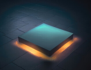 Flickering luminescence on a slate floor from a pool of translucent liquid. Podium, empty showcase for packaging product presentation, AI generation.