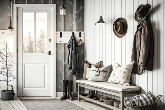 Scandinavian hallway in white and dark tones. Wooden bench and coat rack. Glass, wallpaper and entrance door, farmhouse interior design, illustration. Generative AI