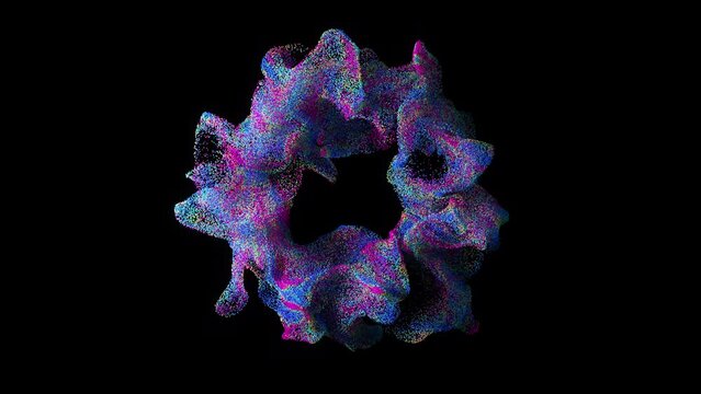 Colorful 3d ring. Abstract particles effect. shape deformation. Particle cloud blow. Exploding spheres. 3d rendering. 4k  footage. Isolated on black
