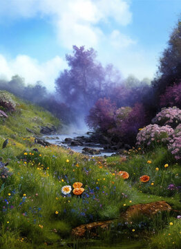  A  misty spring morning by a stream in  floral  woods,