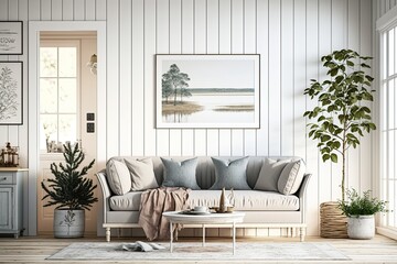 Interior of a Scandinavian farmhouse living room, wall mockup,. Generative AI