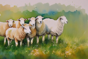 Obraz premium Picturesque portrait of alpine sheep grazing against the backdrop of the mountains. Generative AI.