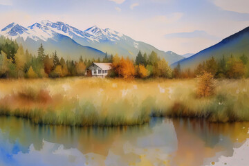 Fototapeta premium Picturesque watercolor landscape of autumn alpine mountains, forests and lakes. Generative AI.