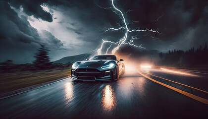 Obraz na płótnie Canvas Lightning-Fast Sports Car Blazing Down the Road - A Thrilling Generative AI Illustration