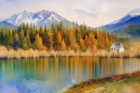 Picturesque watercolor landscape of autumn alpine mountains, forests and lakes. Generative AI.