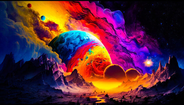 Painting of colorful sky with clouds and planets. Fantasy. Generative AI.