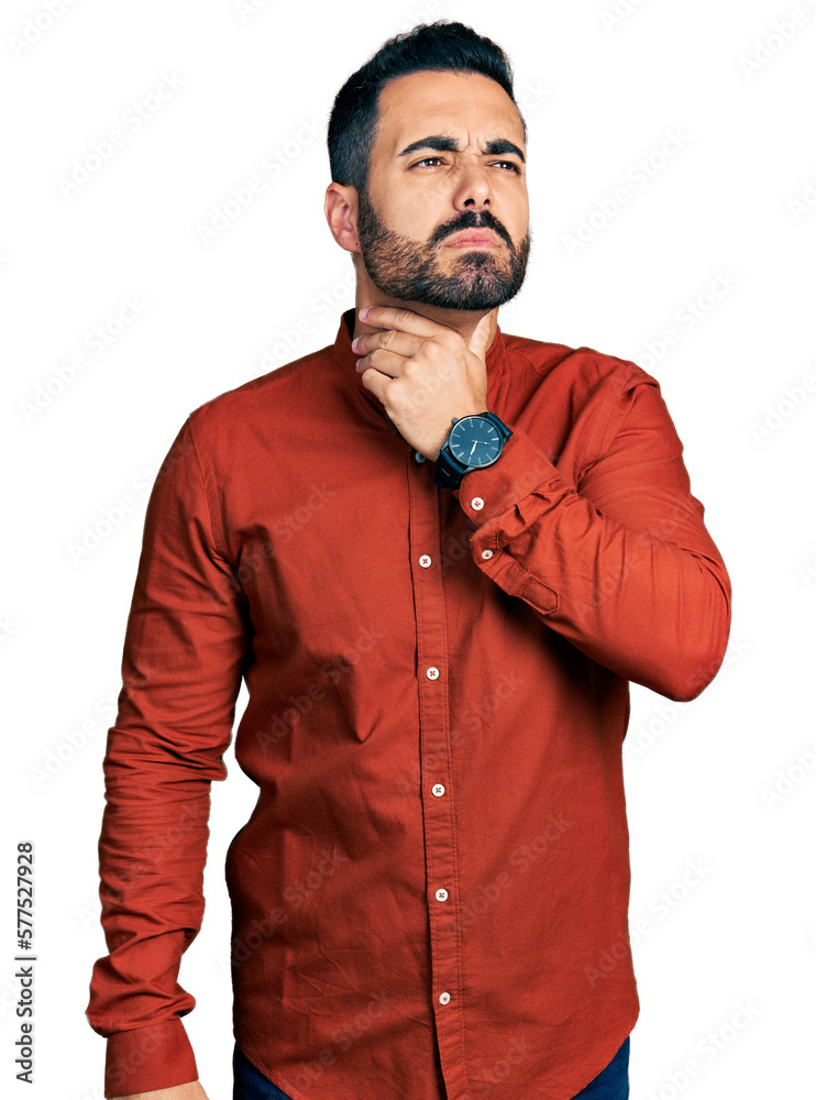 Sticker Young hispanic man with beard wearing casual shirt touching painful neck, sore throat for flu, clod and infection