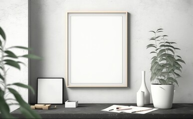 blank picture frame mockup on a wall vertical frame mockup in modern minimalist interior with plant in trendy vase on wall background, Template for painting, photo or poster