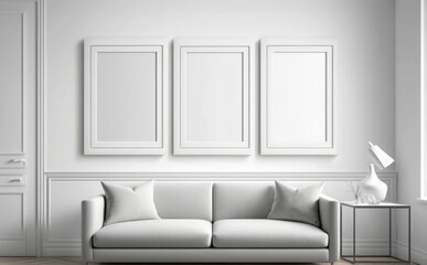 blank picture frame mockup on a wall vertical frame mockup in modern minimalist interior with plant in trendy vase on wall background, Template for painting, photo or poster