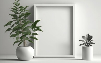 Blank picture frame mockup on a wall vertical frame mockup in modern minimalist interior with plant in trendy vase on wall background, Template for painting, photo or poster