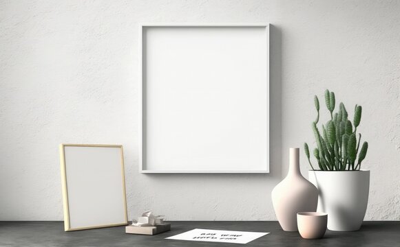 Empty picture frame mockup on a wall vertical frame mockup in modern minimalist interior with plant in trendy vase on wall background, Template for painting, photo or poster