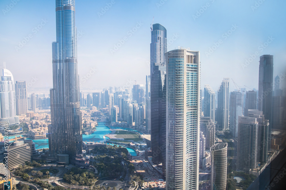 Poster dubai, uae. burj khalifa and dubai downtown view including fountains and shopping mall