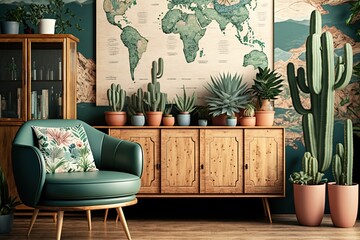 A classic wooden cabinet, a design chair, a sofa, a map, a paddle, a ship, cacti, plants, and attractive personal accessories are all featured in this stylish open plan room. Template. retro modern in