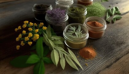 Healing Herbs and spices on a wooden board, wooden table.
