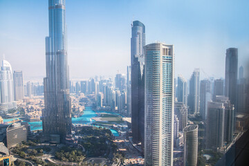 Fototapeta na wymiar Dubai, UAE. Burj Khalifa and Dubai downtown view including fountains and shopping mall