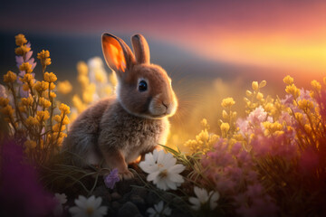 Fototapeta na wymiar Cute rabbit sitting between flowers in beautiful rich spring meadow, easter bunny, generative AI