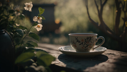 Naklejka na ściany i meble cup of tea coffee outside in the garden, nature, summer Generative AI, Generativ, KI