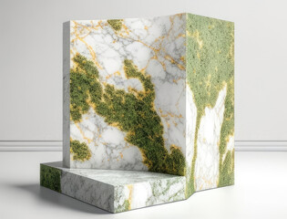 Turf and lichen pattern on a curved granite rock. Podium, empty showcase for packaging product presentation, AI generation.