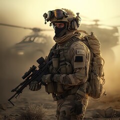 An elite soldier in front of a helicopter. Military conflict, soldier in full camouflage suit, dominance of green colors, high resolution, art, generative AI