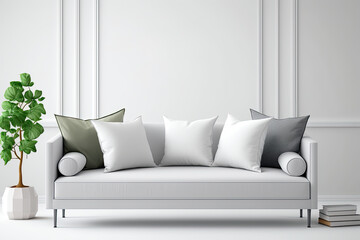 Interior wall mockup with sofa and pillows on empty white living room background. , illustration. Generative AI