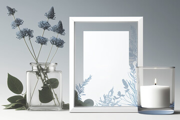 Cute summer white portrait a4 frame mock up herbal gerard host in transparent blue vase and blue candle on white background . Mockup for quote, promotion, lettering design. Template for small