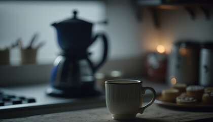 Fototapeta na wymiar cup of tea coffee in the morning, kitchen vintage Generative AI, Generativ, KI