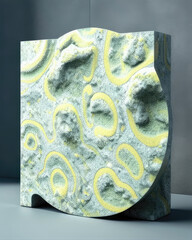 Swirling lichen pattern on a glossy granite wall. Podium, empty showcase for packaging product presentation, AI generation.