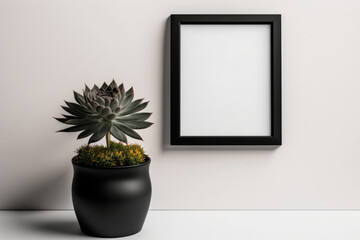 Mockup of a black photo frame with a flower pot on a white wall that has copy space. Generative AI
