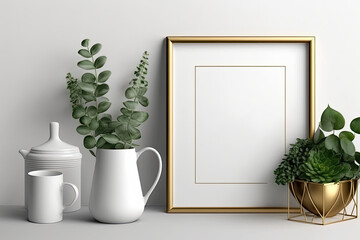 Square poster mockup with golden metal frame standing on wooden table and decorated with jug and green plants in basket on empty white wall background. , illustration. Generative AI