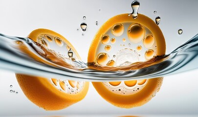  an orange is floating in the water with bubbles on it.  generative ai