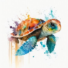 Watercolor illustration of a colorful turtle. Abstract drawing with paint splashes of a pretty turtle in aquarelle style. Generative AI art.