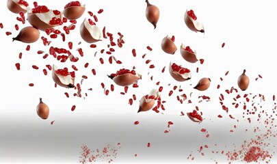  a group of pieces of fruit flying through the air with red confetti on top of them.  generative ai