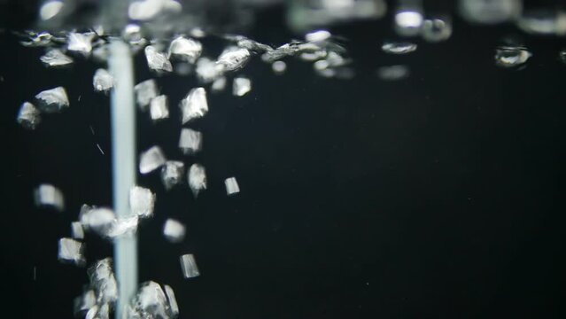 Air bubbles in water rise up on a black background. Oxygenation of water in an aquarium for fish. The oxygen diffuser releases the air in the fresh water aquarium. copy space.