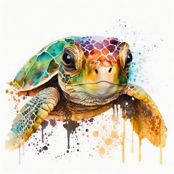 Watercolor illustration of a colorful turtle. Abstract drawing with paint splashes of a pretty turtle in aquarelle style. Generative AI art.