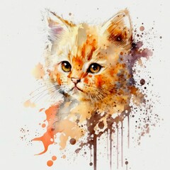 Watercolor illustration of a cute little orange kitten with paint splatters. Adorable orange cat in aquarelle style. Generative AI art.