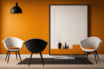 Interior poster mock up living room with chairs on orange wall background, there is also a minimalist black frame, Picture for background. Generative AI