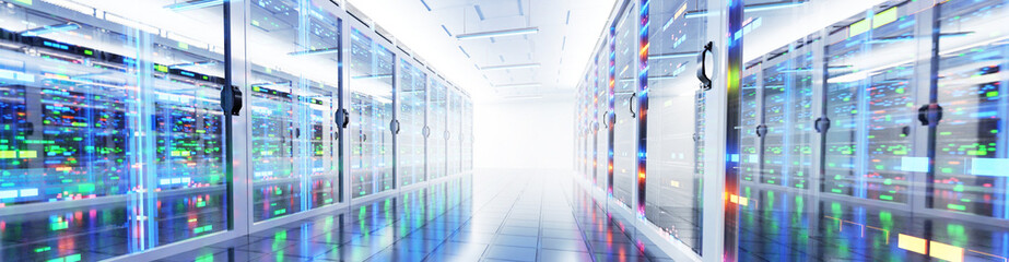 Wide panorama of Big Modern server room, data centre or mining farm interior with beautiful neon lights reflections.  3D rendering illustration