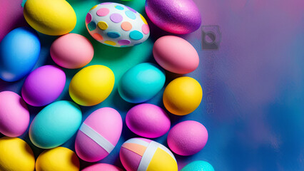 Colorful background of easter eggs collection, easter celebration. Generative AI 