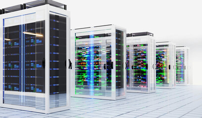 Big Modern server room, data centre or mining farm interior with beautiful neon lights reflections. 3D rendering illustration