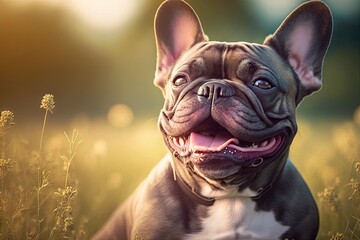  Portrait of a cute happy French Bulldog outdoors in the field, generative ai