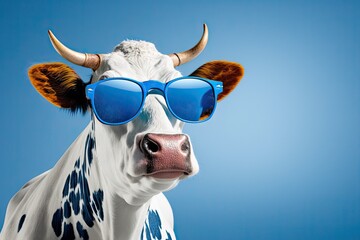  Funny cow with sunglasses in front of blue studio background, generative ai
