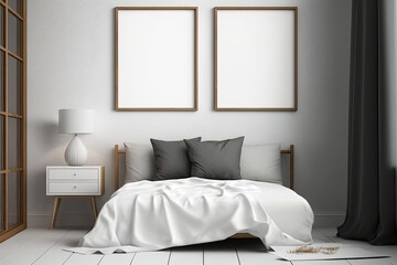 Interior of a white bedroom with two vertical posters on the wall, a wooden bed, bedside tables, and a dark gray bed cover. Side. a mockup. Generative AI