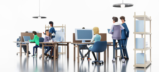 Group of business people collaborating on a project, talking by a desk, sharing ideas. 3D rendering illustration
