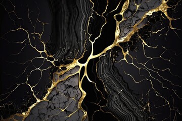 Obraz na płótnie Canvas abstract black marble background with golden veins japanese kintsugi technique fake painted artificial stone texture marbled surface digital marbling, background, illustration, generative ai