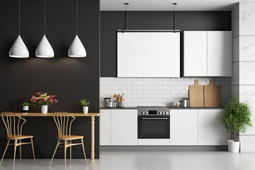 Modern kitchen decor with a blank banner hanging on the wall. Conceptual style and design. a mockup. Generative AI