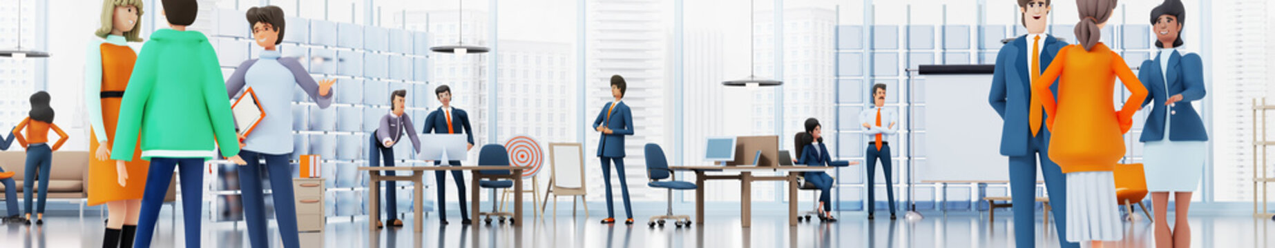 Wide panorama. Group of business people collaborating on a project, talking by a desk, sharing ideas. 3D rendering illustration