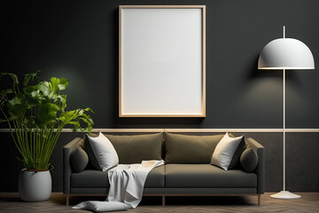 Mockup poster frame in modern living room interior design with dark empty wall. Generative AI